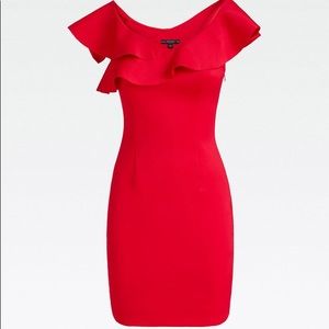 Guess Red Scuba Ruffle Off the Shoulder Dress